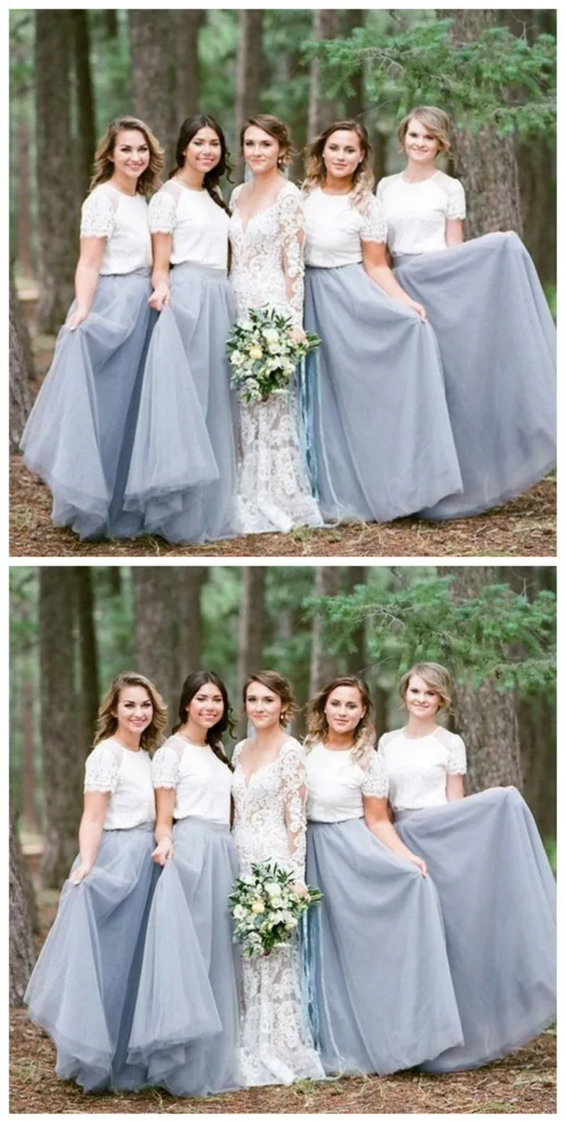 Two Pieces Short Sleeves Grey Cheap Long Bridesmaid Dresses Online, WGY0277