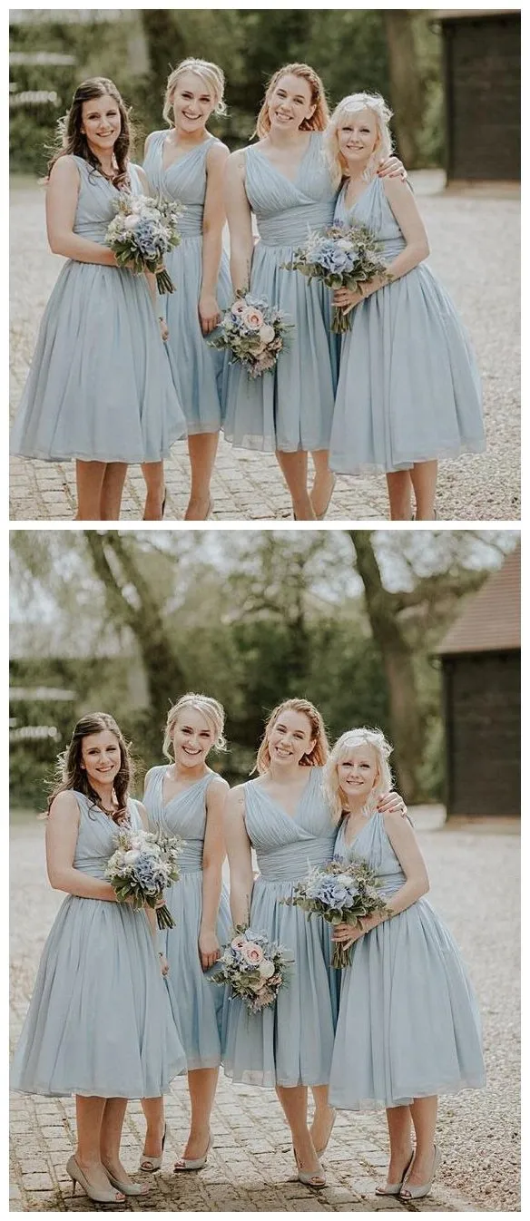 V neck Straps Short Chiffon Custom Cheap Bridesmaid Dresses, WGY0295