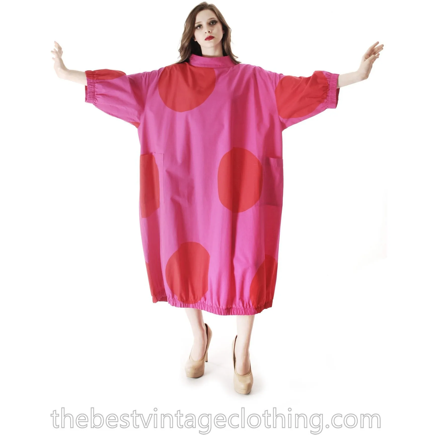 Vintage 1960s Vuokko Fuchsia Gown Huge Red Polka Dots Elasticated Bubble Hem & Cuffs M