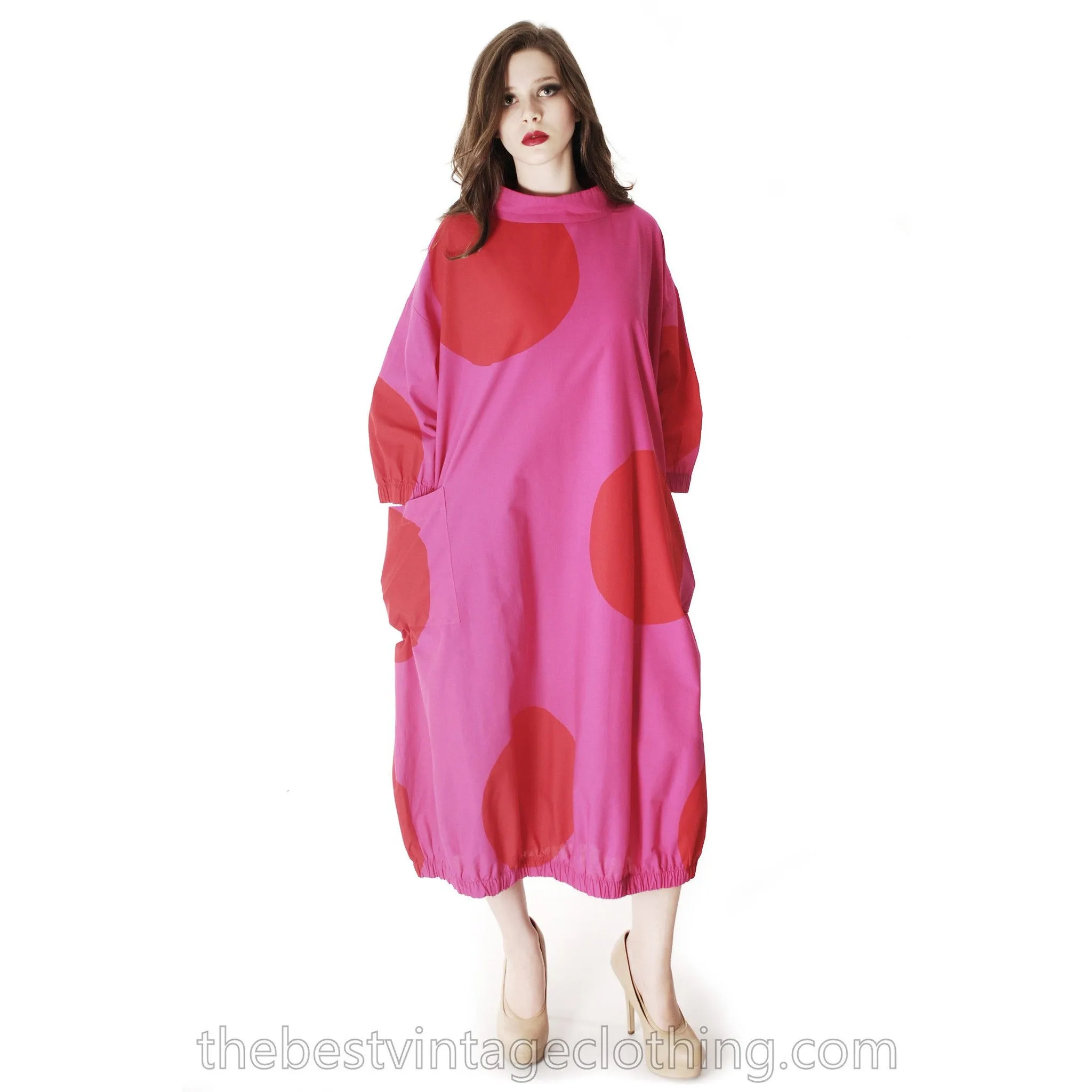 Vintage 1960s Vuokko Fuchsia Gown Huge Red Polka Dots Elasticated Bubble Hem & Cuffs M