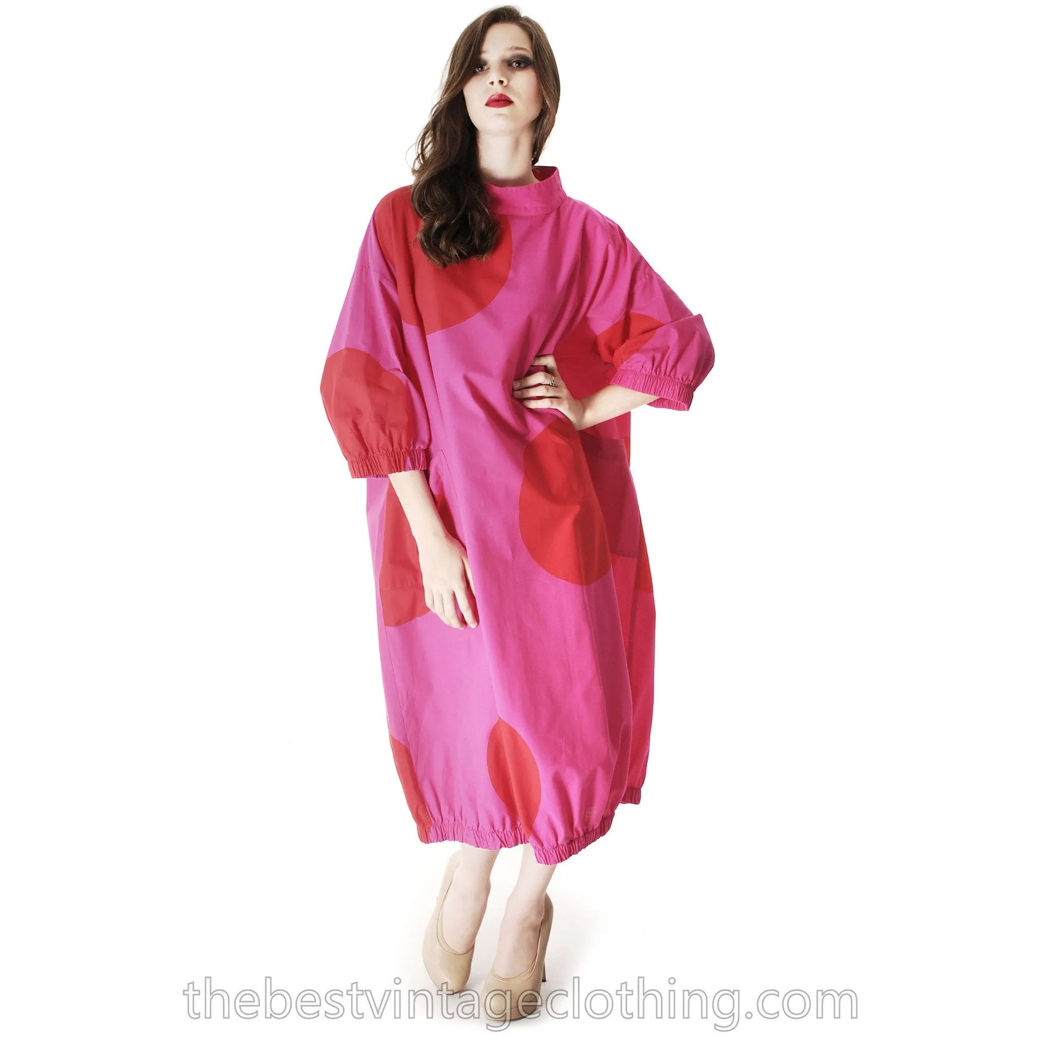 Vintage 1960s Vuokko Fuchsia Gown Huge Red Polka Dots Elasticated Bubble Hem & Cuffs M