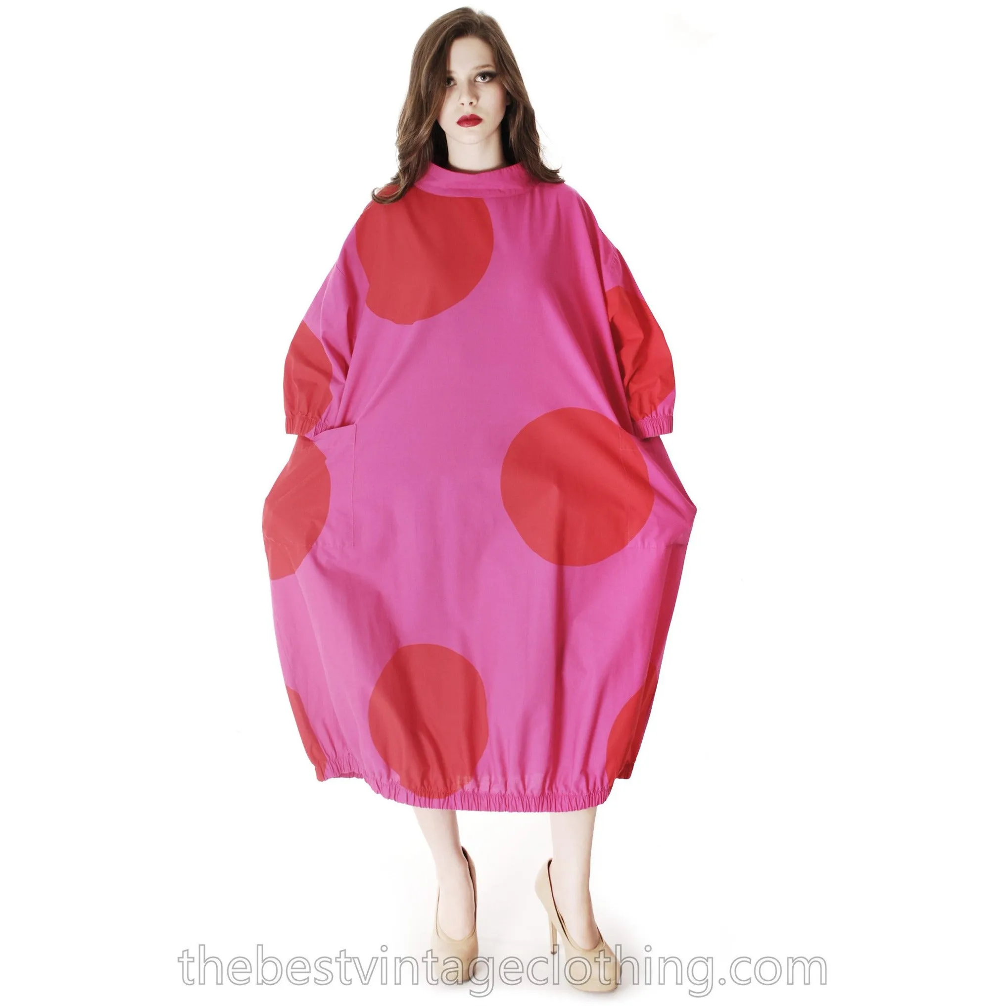 Vintage 1960s Vuokko Fuchsia Gown Huge Red Polka Dots Elasticated Bubble Hem & Cuffs M