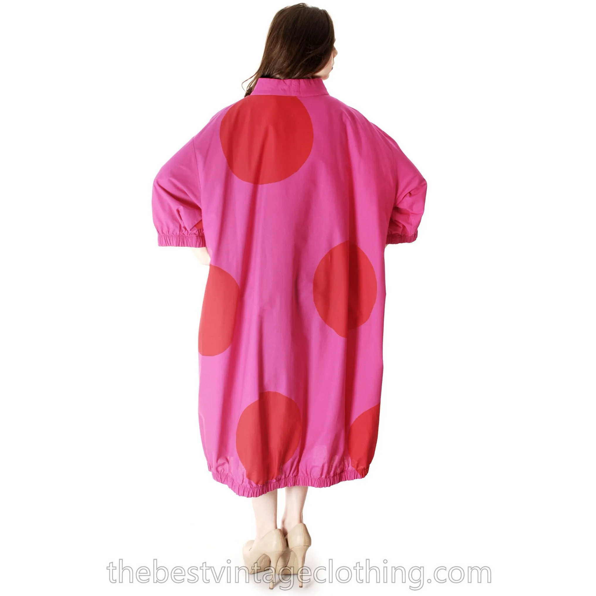 Vintage 1960s Vuokko Fuchsia Gown Huge Red Polka Dots Elasticated Bubble Hem & Cuffs M