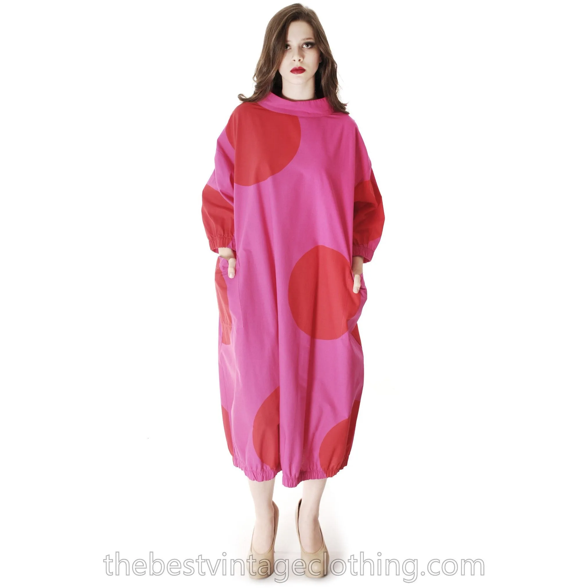 Vintage 1960s Vuokko Fuchsia Gown Huge Red Polka Dots Elasticated Bubble Hem & Cuffs M