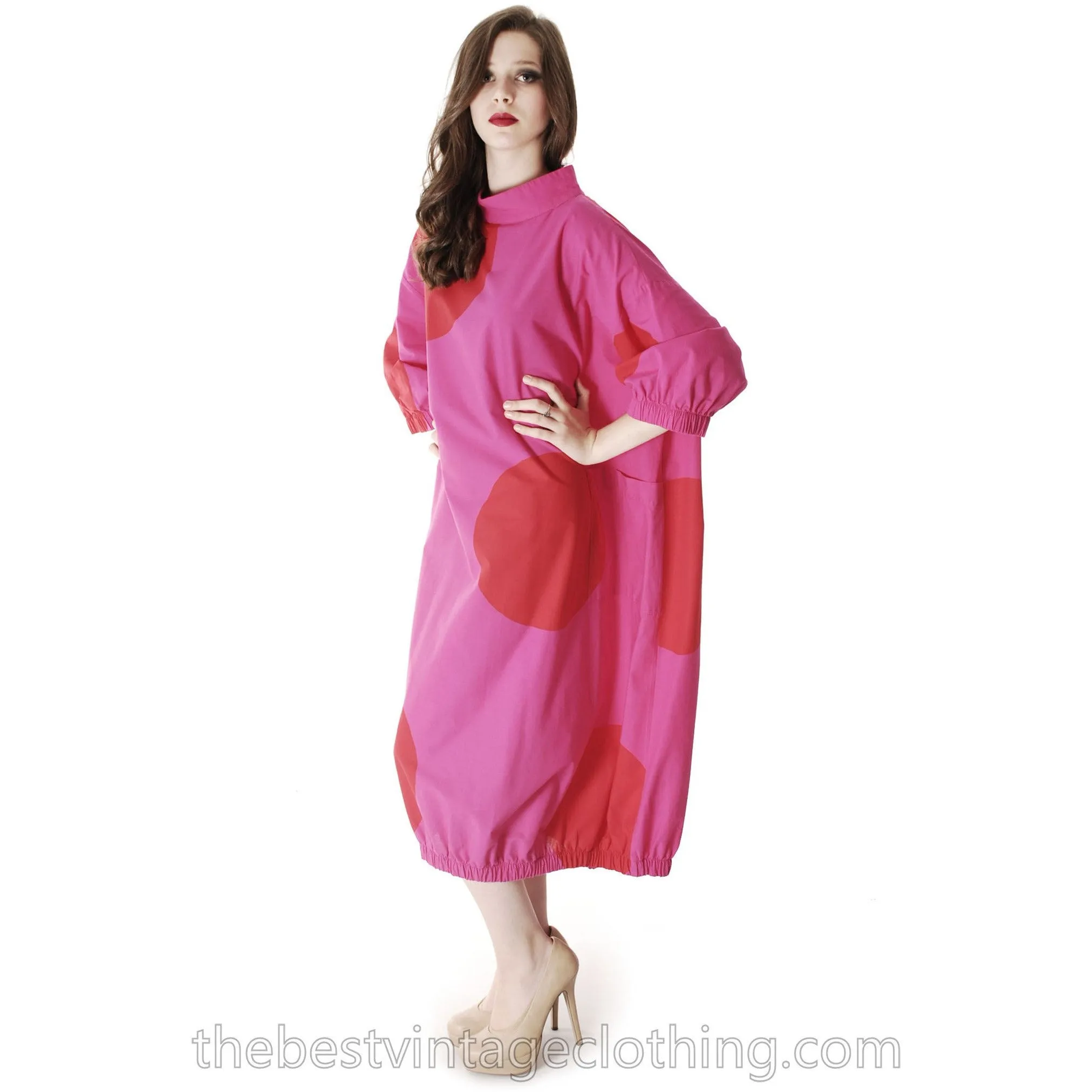 Vintage 1960s Vuokko Fuchsia Gown Huge Red Polka Dots Elasticated Bubble Hem & Cuffs M