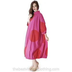 Vintage 1960s Vuokko Fuchsia Gown Huge Red Polka Dots Elasticated Bubble Hem & Cuffs M