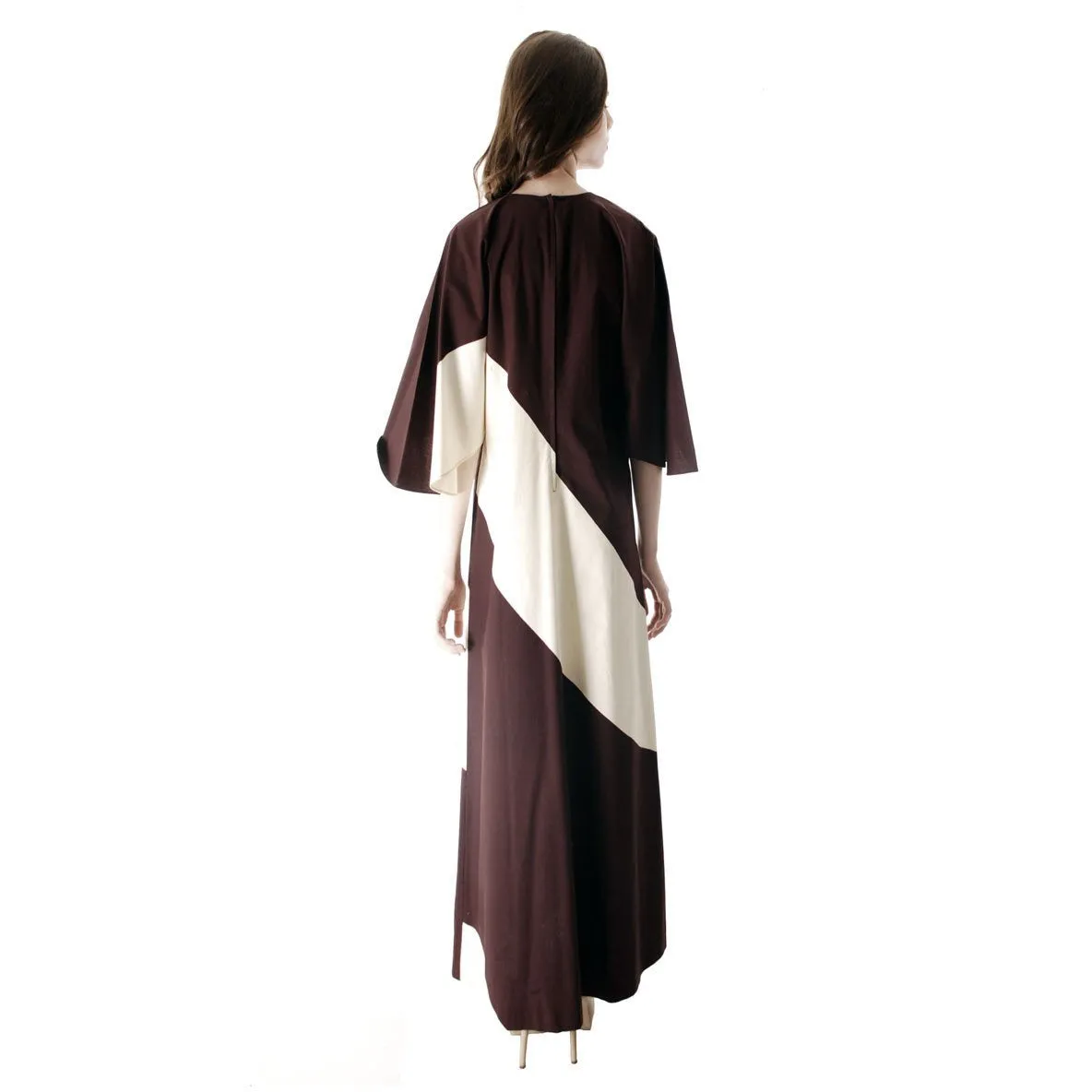 Vintage 1970s Vuokko Designer Angel Sleeve Tent Dress Brown & Ivory METSÄ Diagonal Stripes 44