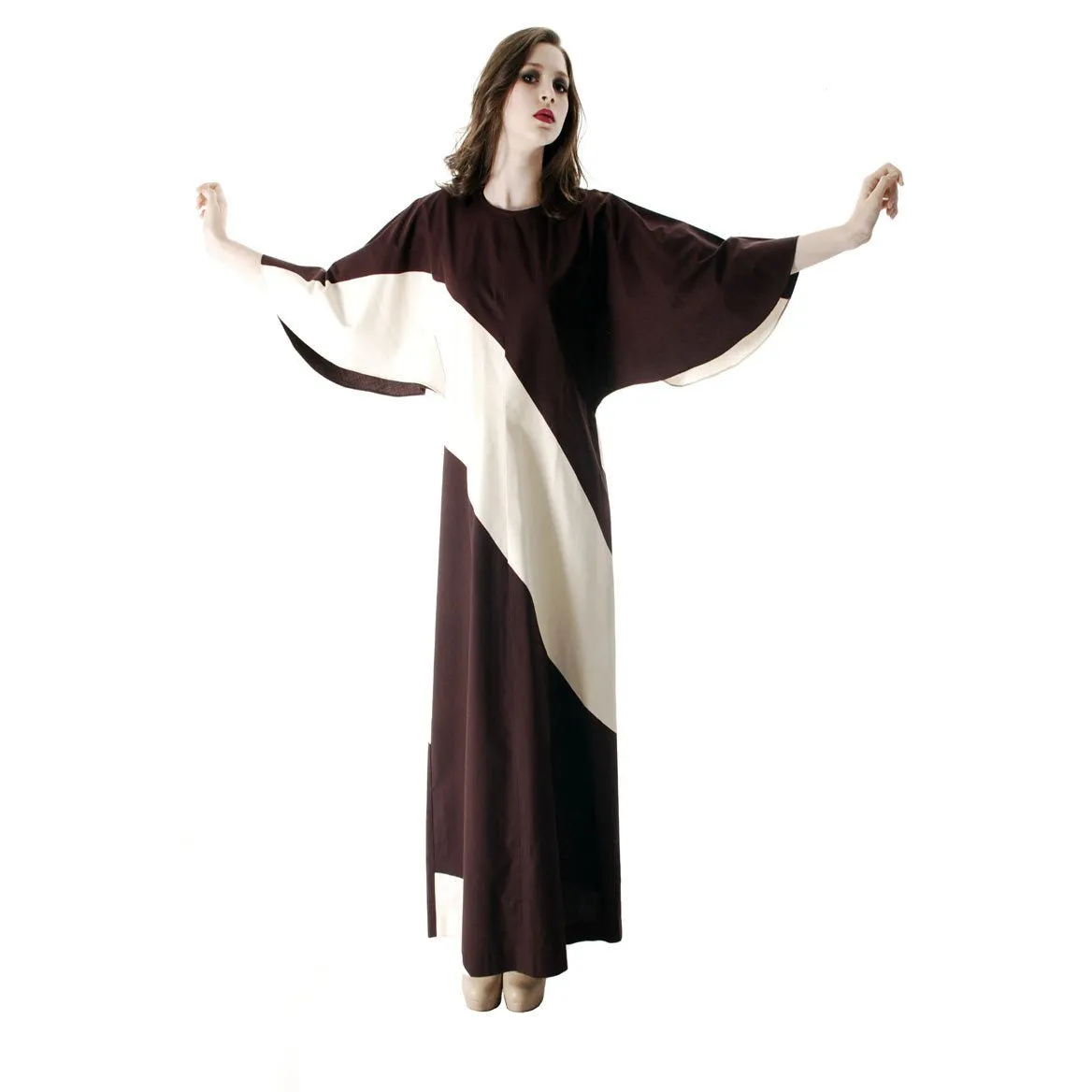Vintage 1970s Vuokko Designer Angel Sleeve Tent Dress Brown & Ivory METSÄ  Diagonal Stripes S M