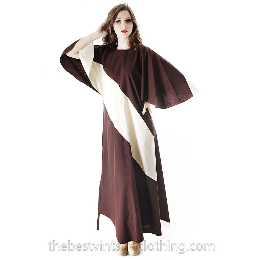Vintage 1970s Vuokko Designer Angel Sleeve Tent Dress Brown & Ivory METSÄ  Diagonal Stripes S M