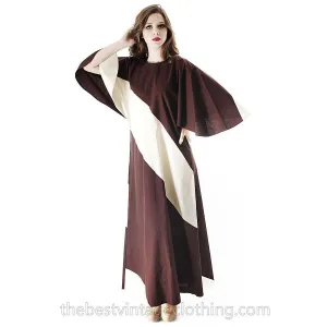Vintage 1970s Vuokko Designer Angel Sleeve Tent Dress Brown & Ivory METSÄ  Diagonal Stripes S M