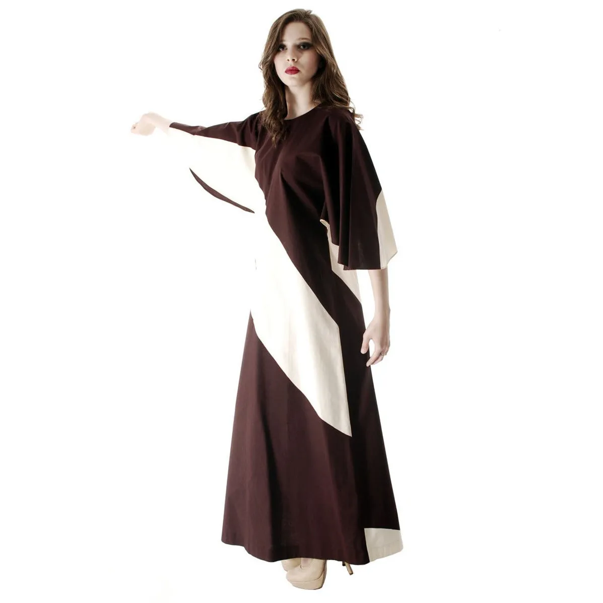 Vintage 1970s Vuokko Designer Angel Sleeve Tent Dress Brown & Ivory METSÄ  Diagonal Stripes S M