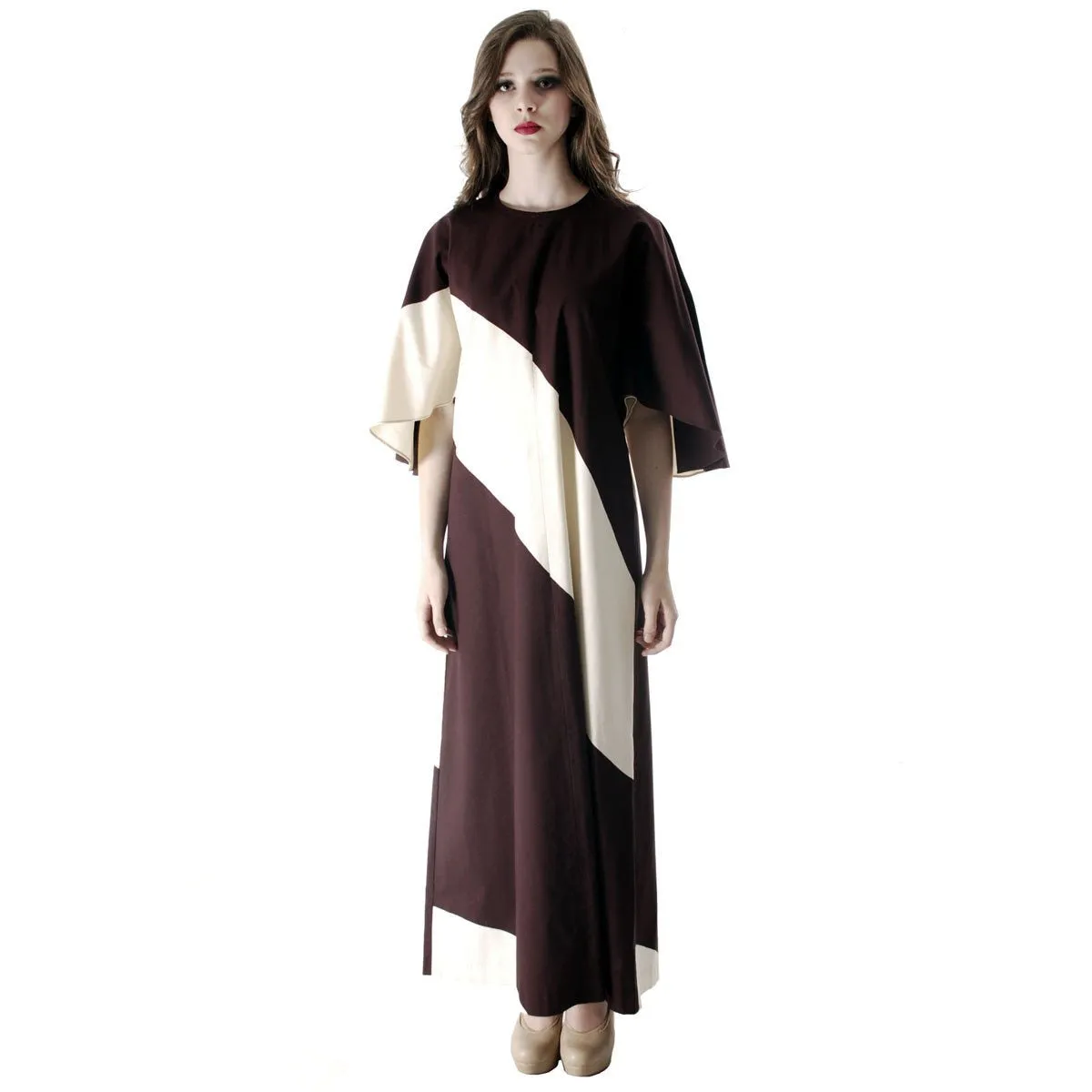 Vintage 1970s Vuokko Designer Angel Sleeve Tent Dress Brown & Ivory METSÄ  Diagonal Stripes S M