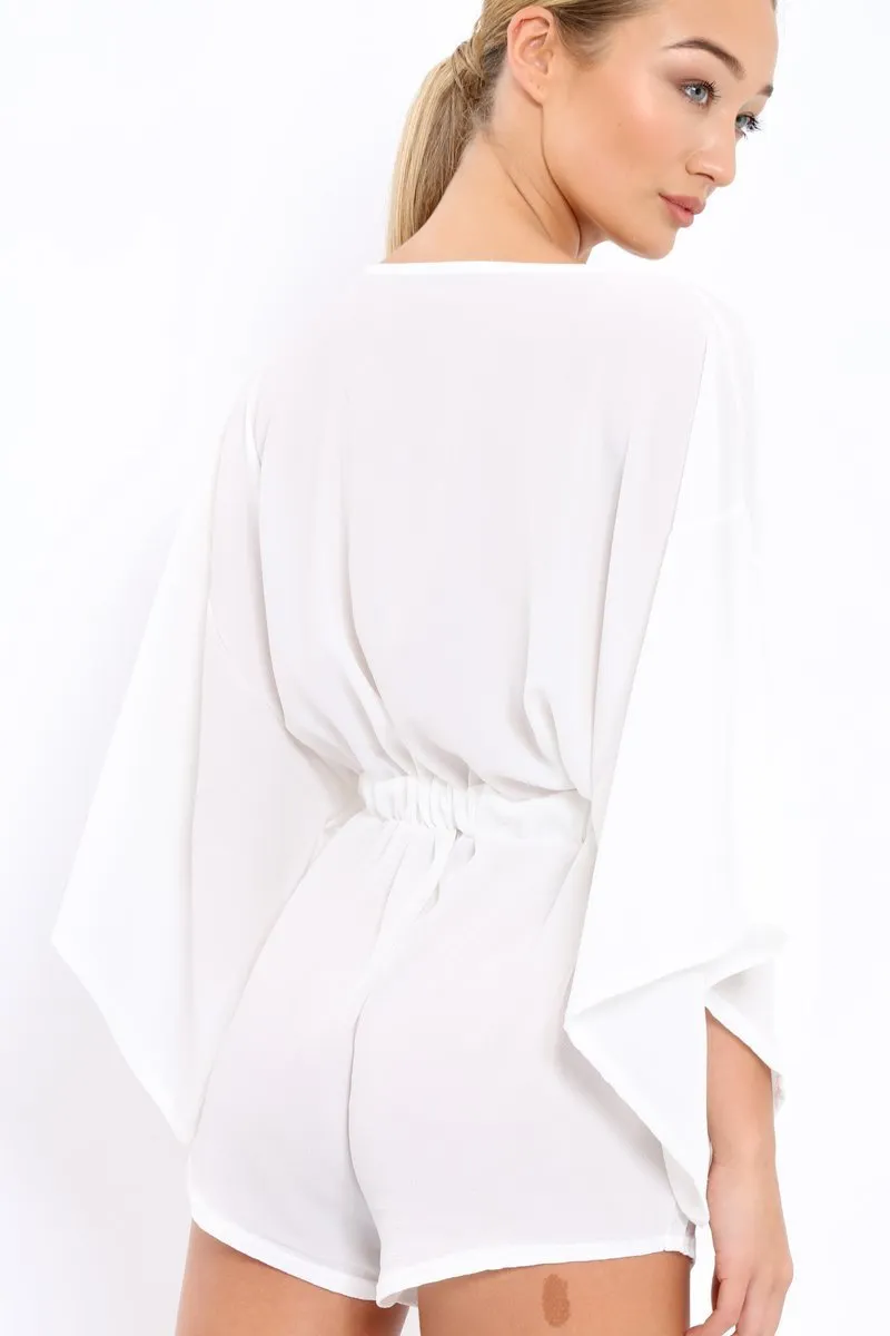 White Kimono Plunge Playsuit - Alisa
