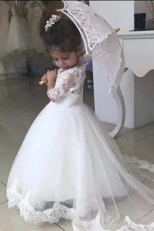 White Lace Appliques  Half Sleeves V Neck Flower Girl Dresses OHR002
