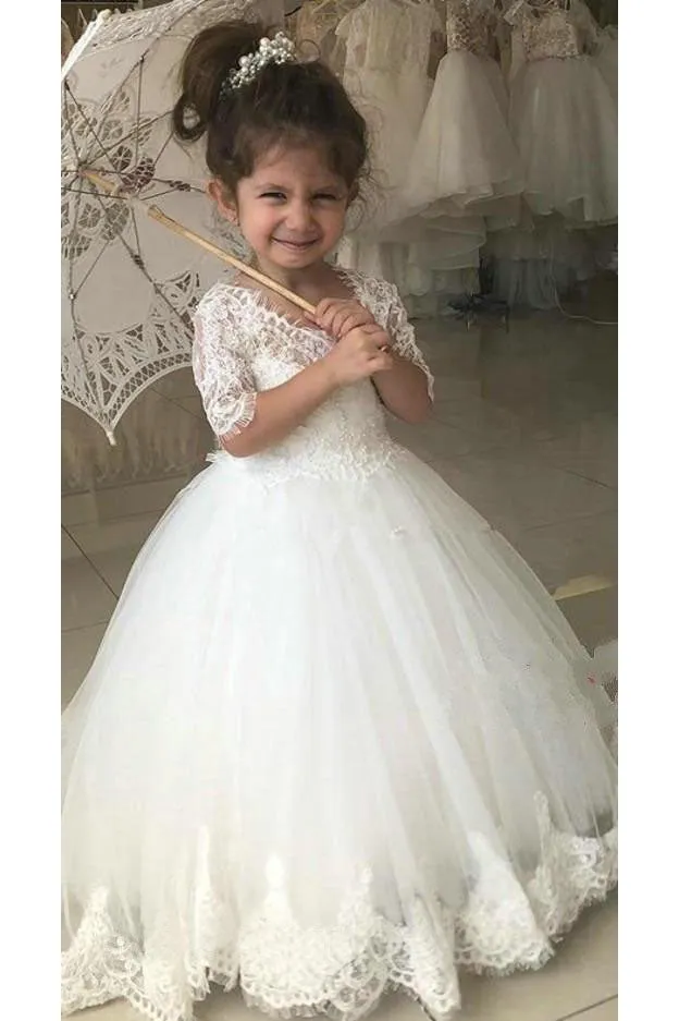 White Lace Appliques  Half Sleeves V Neck Flower Girl Dresses OHR002