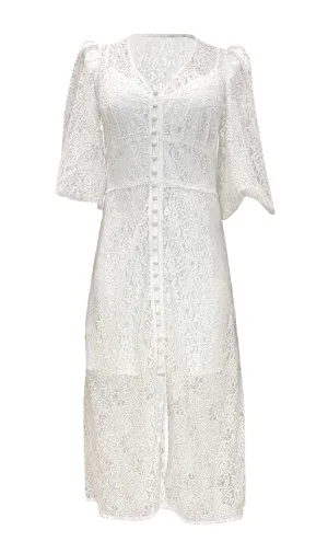 White Puffed Sleeves Buttoned Dress