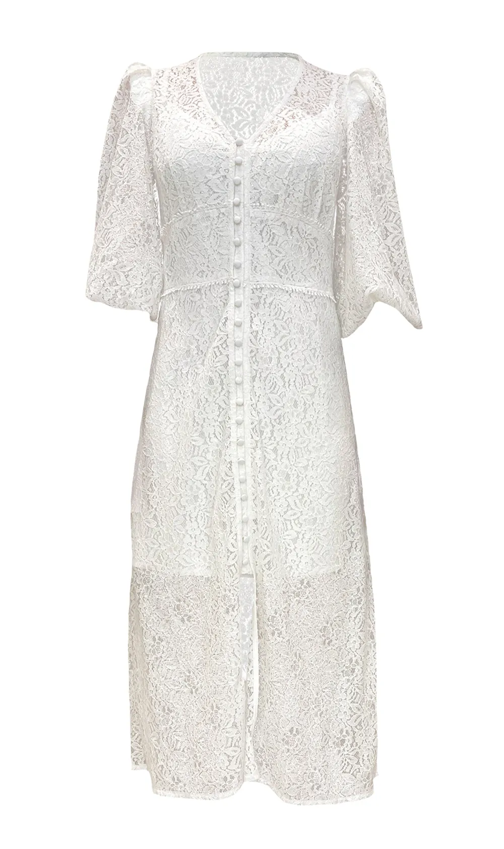 White Puffed Sleeves Buttoned Dress