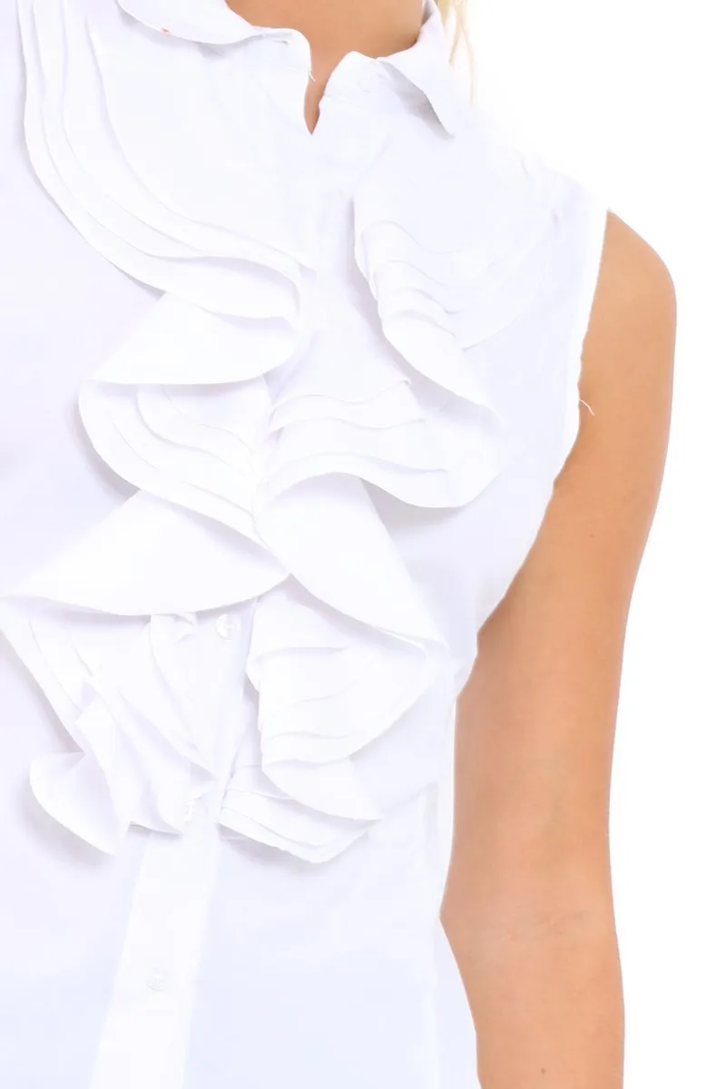 White Sleeveless Ruffle Shirt - Samarra