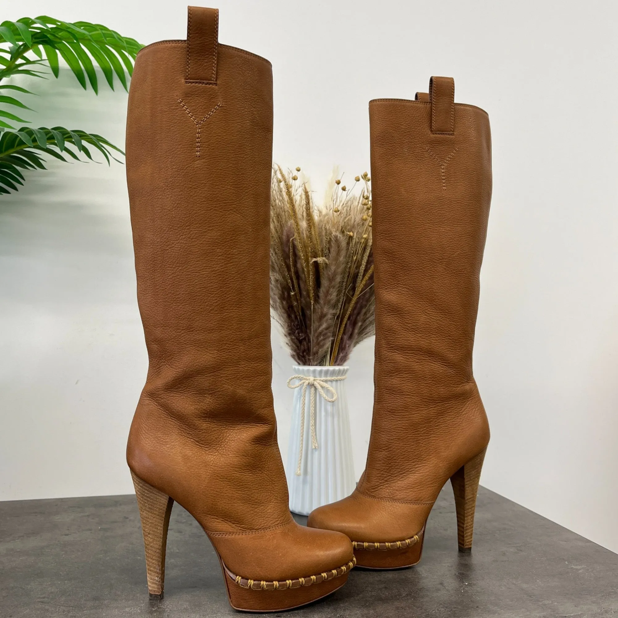 Women's Platform Knee High Boot Heels Brown Size EU 37.5 / UK 4.5
