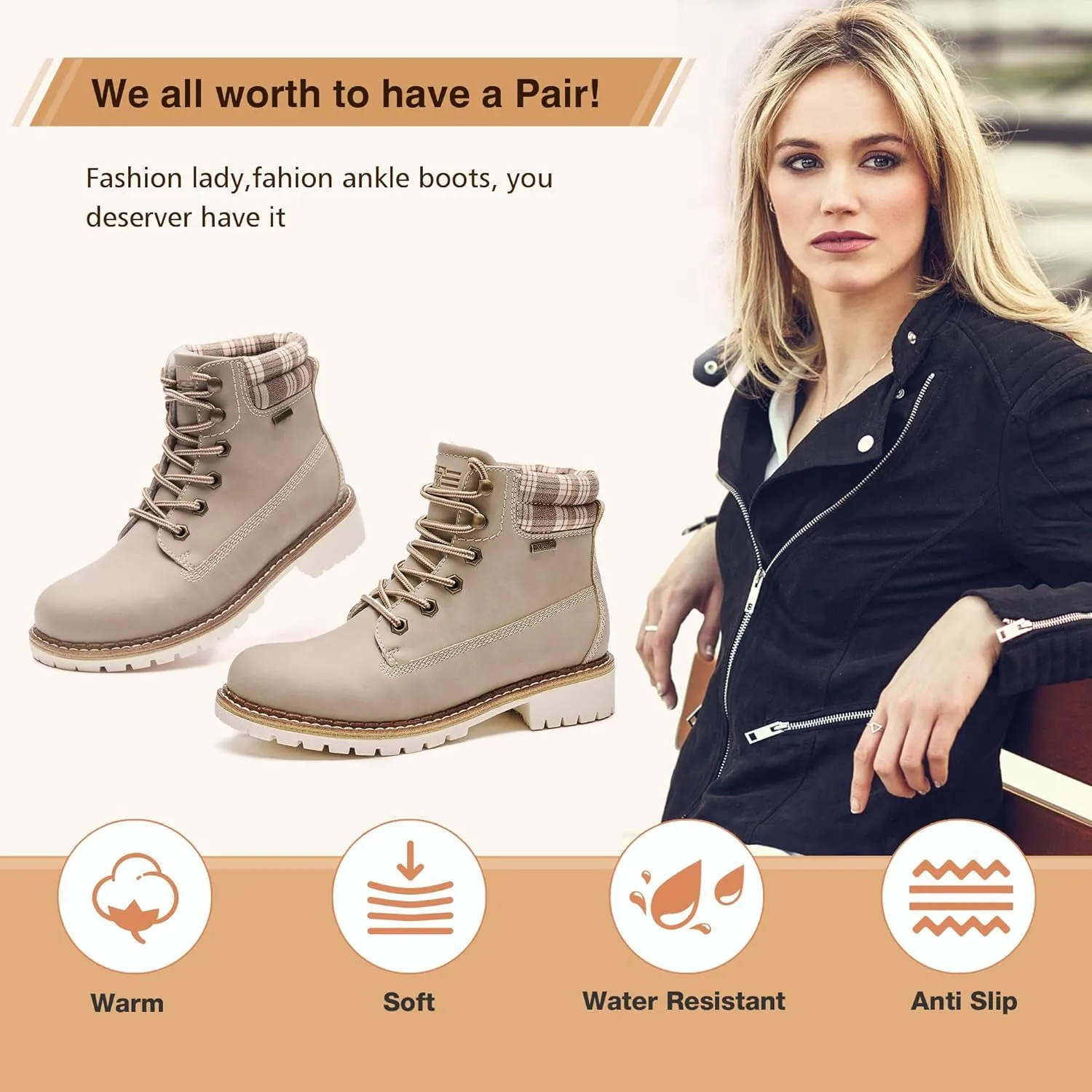 Women'S Waterproof Hiking Boots - Anti-Slip, Lace-Up, Cute Casual Boots
