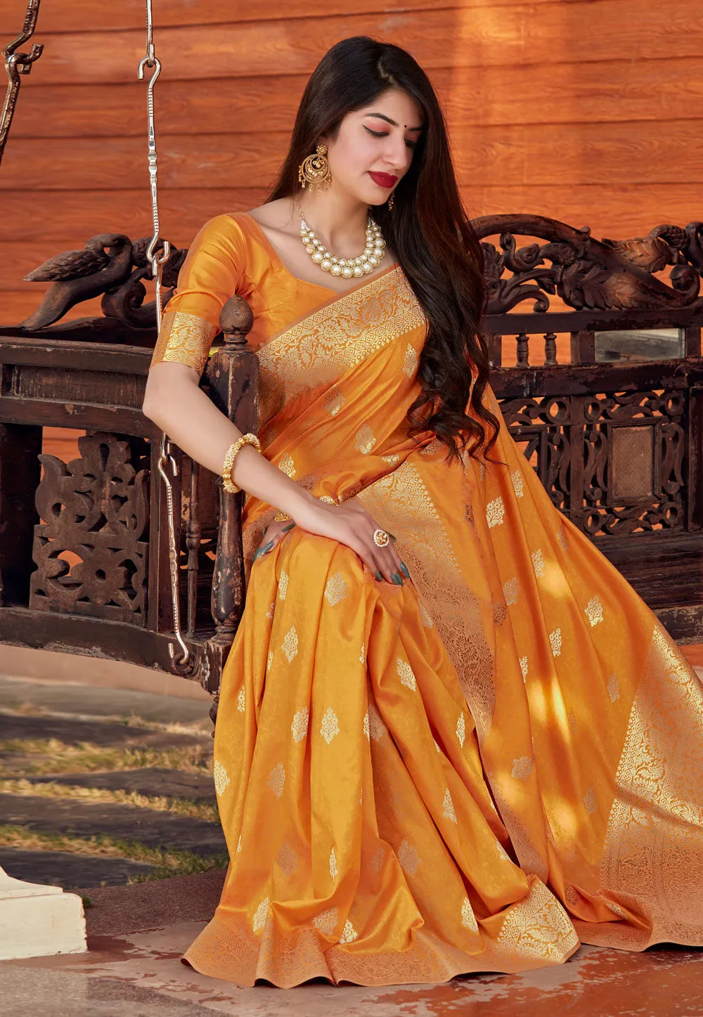 Yellow Golden Jacquard Silk Saree