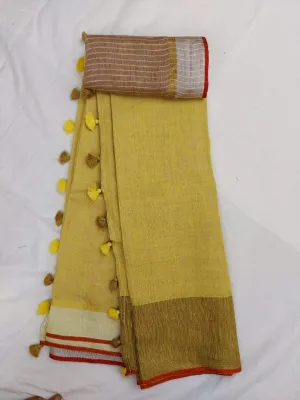 Yellow Pure Linen saree