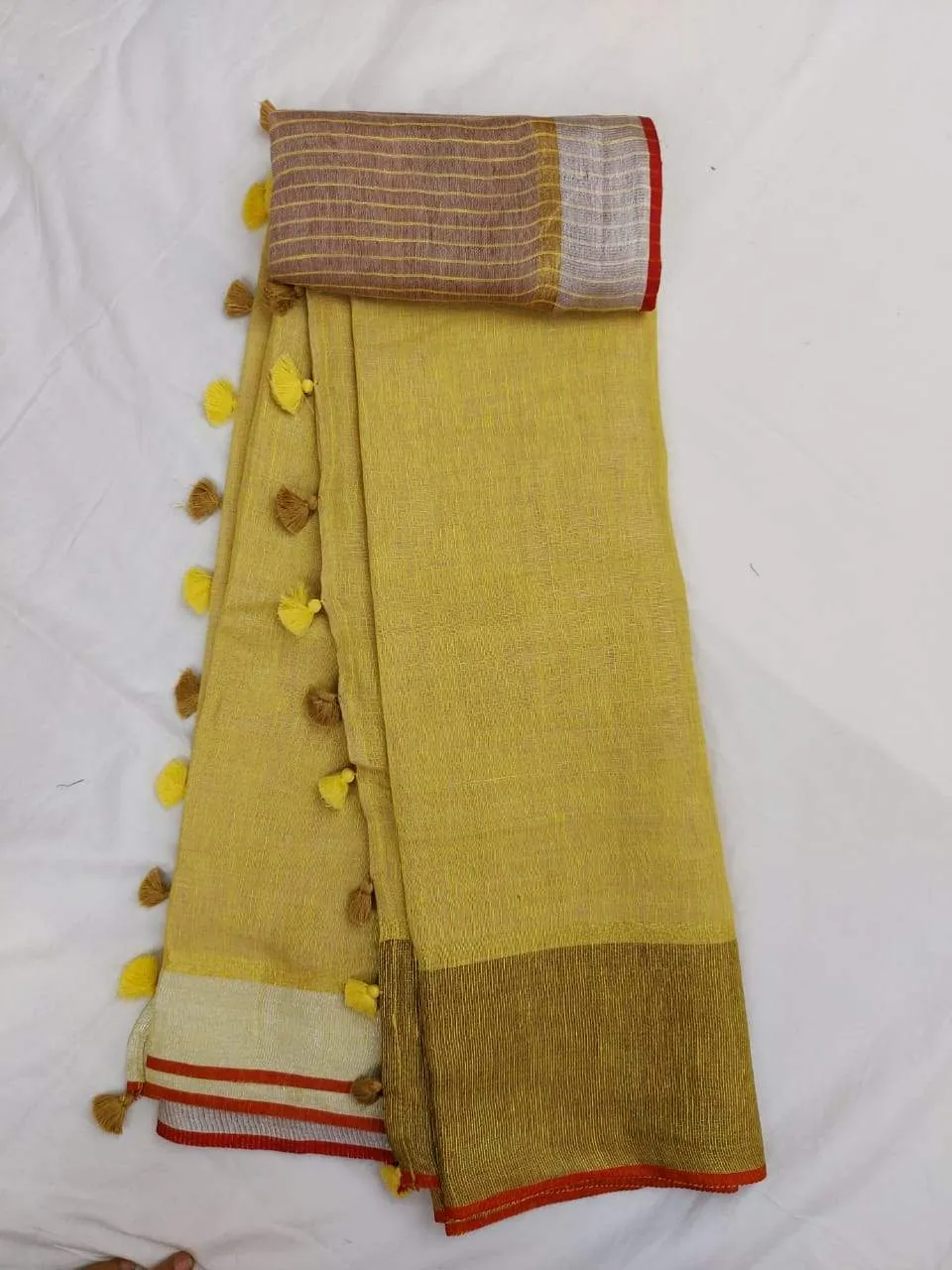 Yellow Pure Linen saree