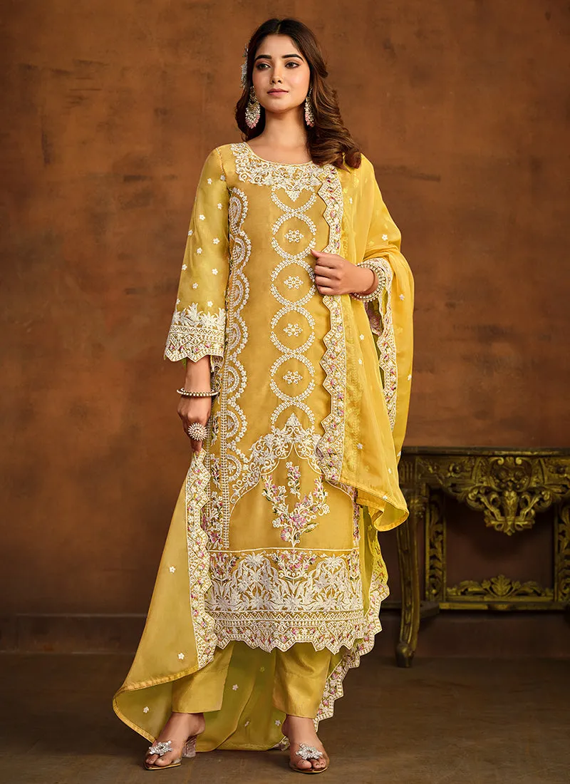 Yellow Sequence Embroidery Traditional Pant Style Suit